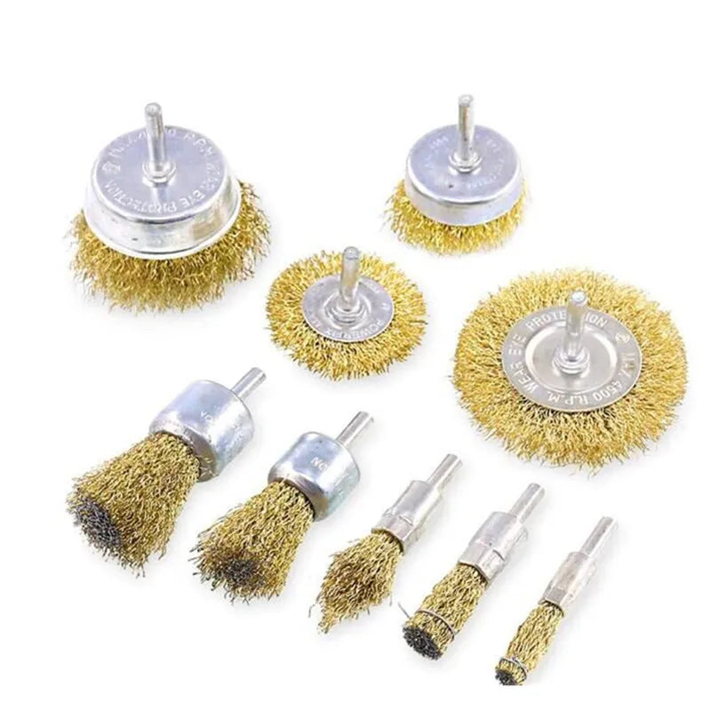 Swpeet 9Pcs Brass Coated Wire Brush Wheel & Cup Brush Set with 1/4-Inch Shank, 9 Sizes Coated Wire Drill Brush Set Perfect
