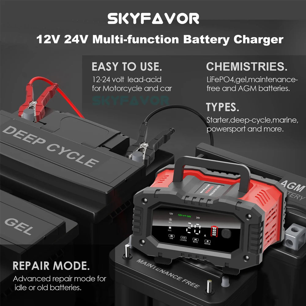 Lifepo4 Lead Acid Car Battery Charger 12V 24V 20A Fast Automatic Gel Agm Maintenance-free Deep Cycle Lead Acid Battery Charger