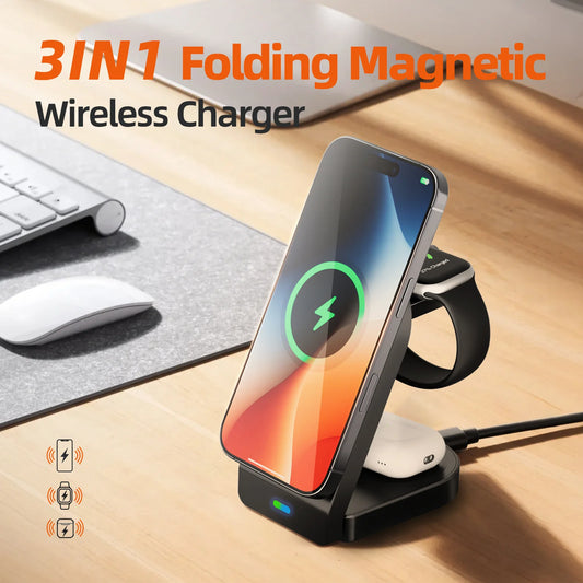 Wholesale Foldable Magnetic 15W 3-in-1 Wireless Charger Portable Fast Charging Dock Holder for AirPods IWatch for iPhone 10W by PDG ibma