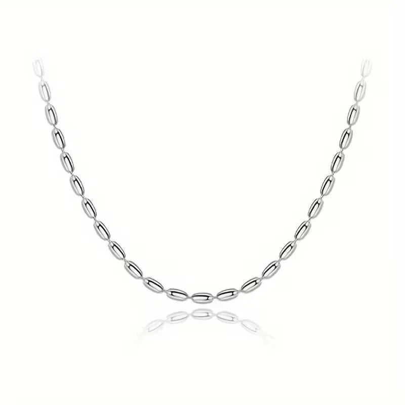 Lanshang S925 Sterling Silver Necklace for Women Olive Oval Beads Fine Chains Necklaces Beaded Design