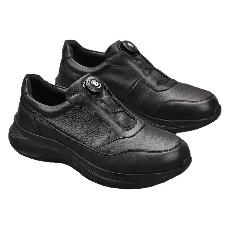 Men's Genuine Cow Leather Round Toe Walking Shoes With Buckle Anti Slippery Low Heel Rubber Outsole Solid Color Casual