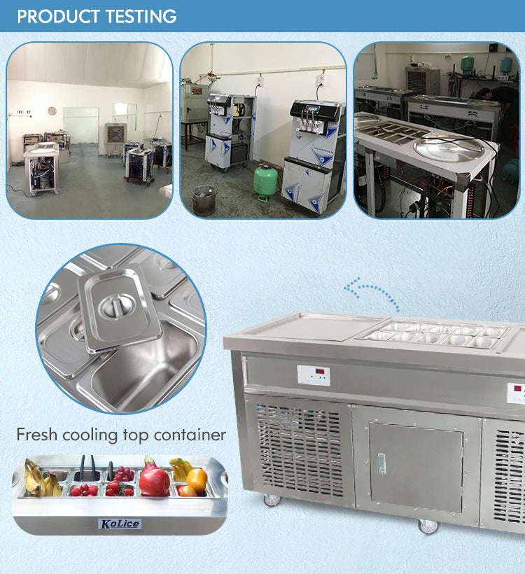 CE ETL Approval Popular Style Flat Double square Flat Pan Fry Ice Cream Machine with 10 Tanks Topping Freezer
