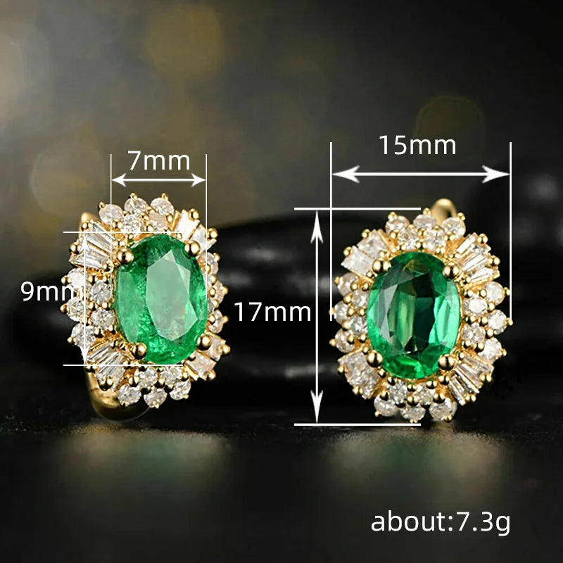 Classic Green Gemstone Stud Earrings Silver Flower Design Wedding Jewelry Women Pear Cut Diamonds Claw Setting