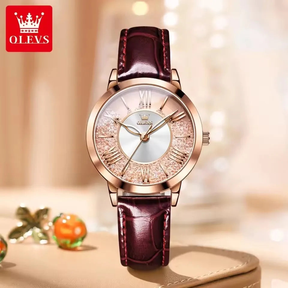 OLEVS 5539 Elegant Fashion Women's Watches Flowing Sand Ice Crystal Dial Quartz Watch Waterproof Leather Strap Lady Wristwatch