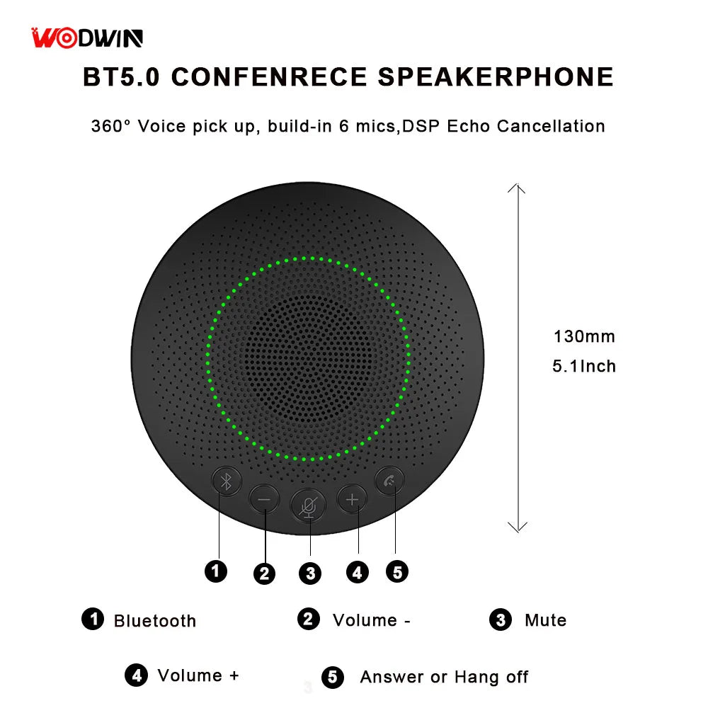Portable Wireless USB Conference Speakerphone with 360 Voice Pickup Microphone Video Conference System for Medium-sized Rooms