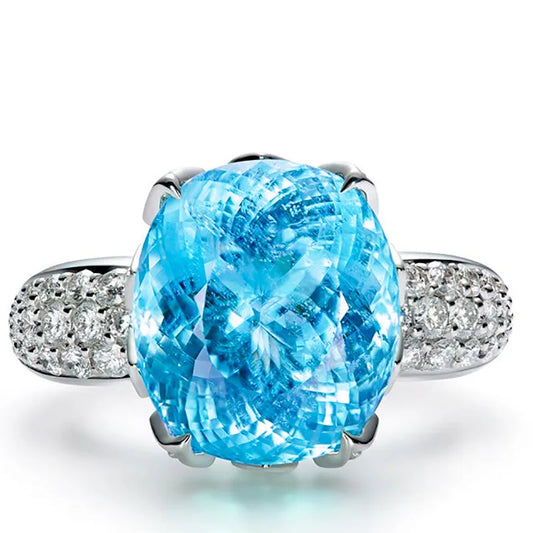 F506 Women's White Gold Diamond Ring Oval Cut Natural G Color Engagement Jewelry Main Stone Blue Topaz Side Diamonds