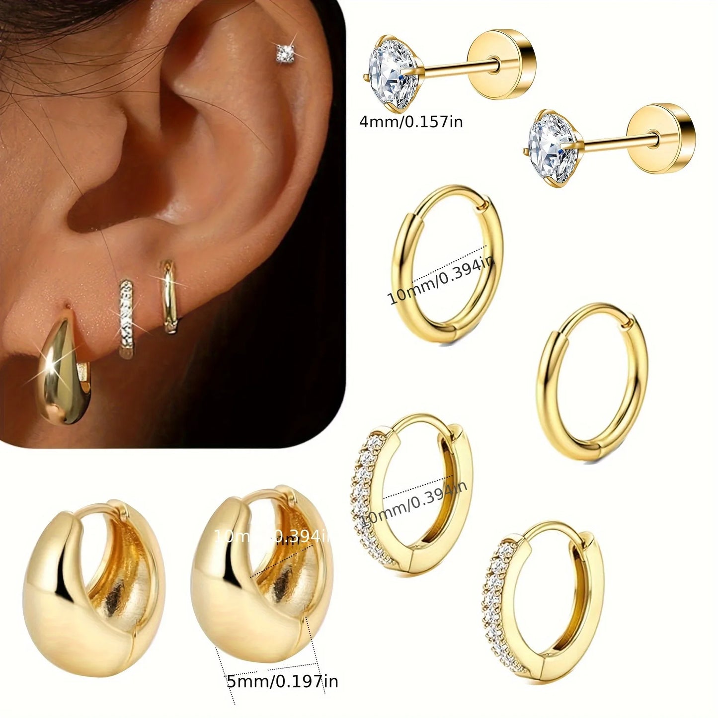 4 Pairs Stainless Steel Earrings Set for Women Gold Plated Jewelry CZ Fashion Hoop Earrings Perfect for Daily Wear or Gifting