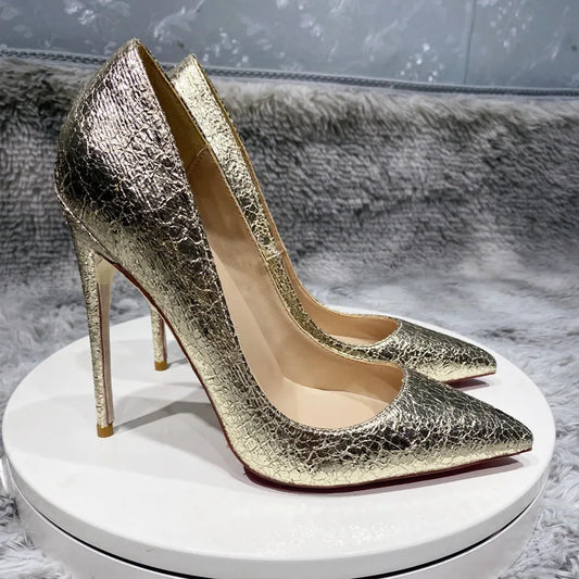 Tikicup Gold Matte Crocodile Effect Women Pointy Toe High Heel Wedding Party Shoes 8-12cm Gorgeous Stiletto Pumps Customizable by PDG ibma