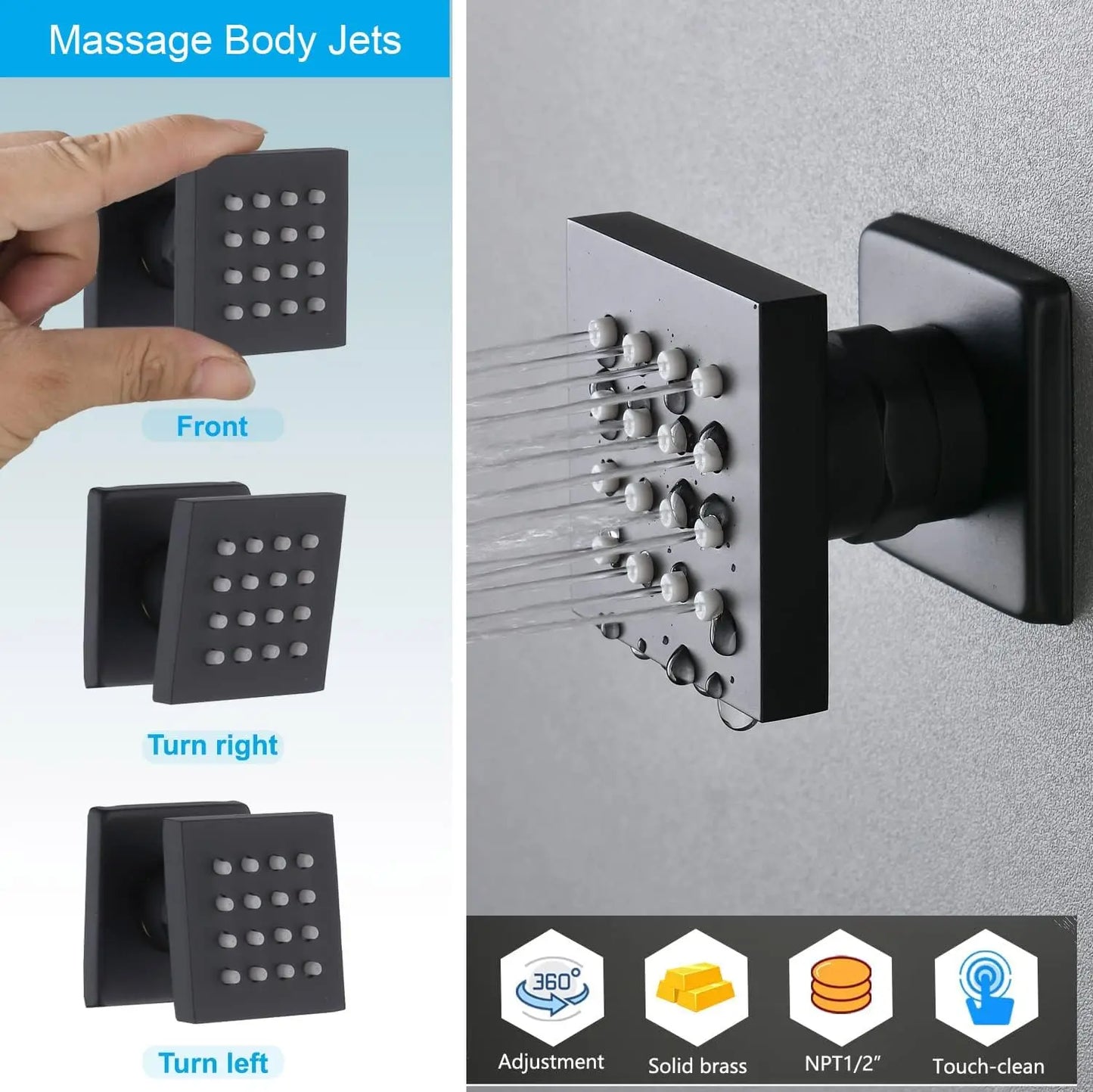 Luxury Matte Black Thermostatic Shower System Set, 12" Rainfall Shower Head with 4 Body Jets and Handheld Spray