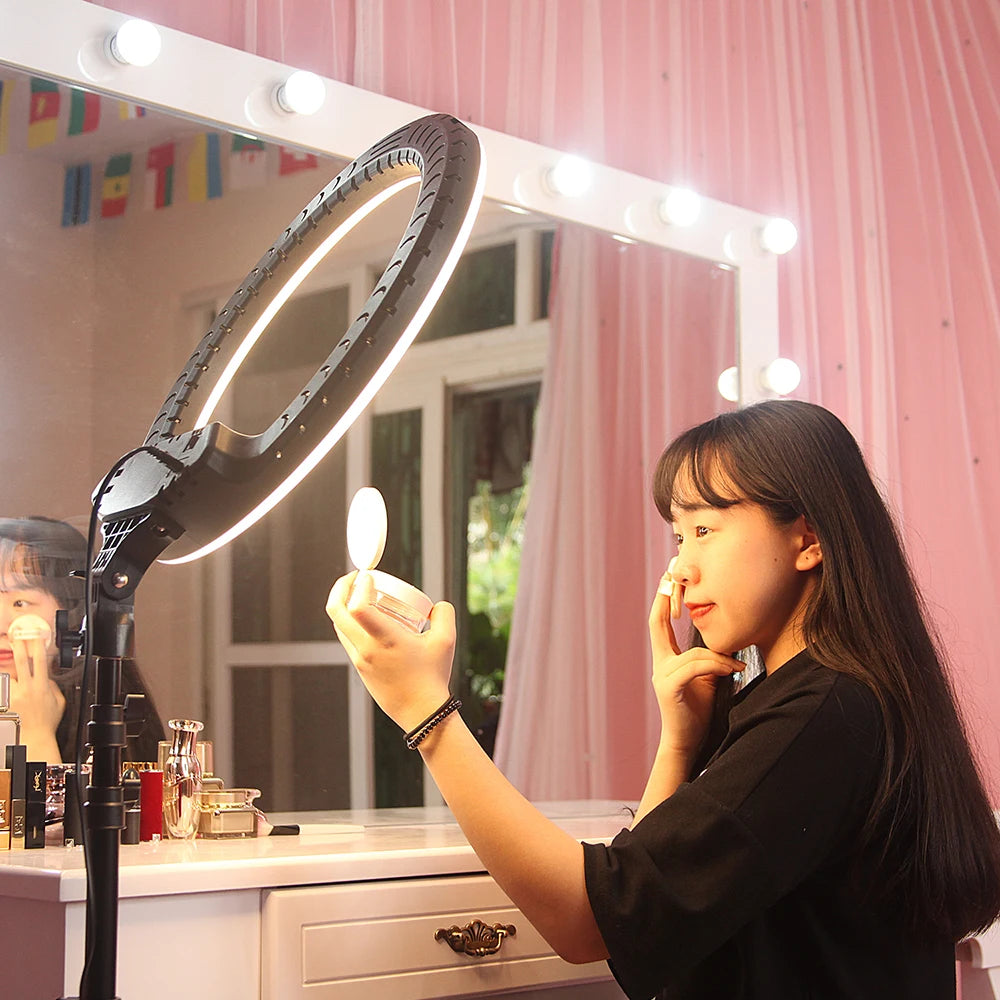 FOSOTO Photographic Ringlight with 3 Phone Holders Selfie Led Ring Fill Light with Tripod Stand Led Ring Light 18inch