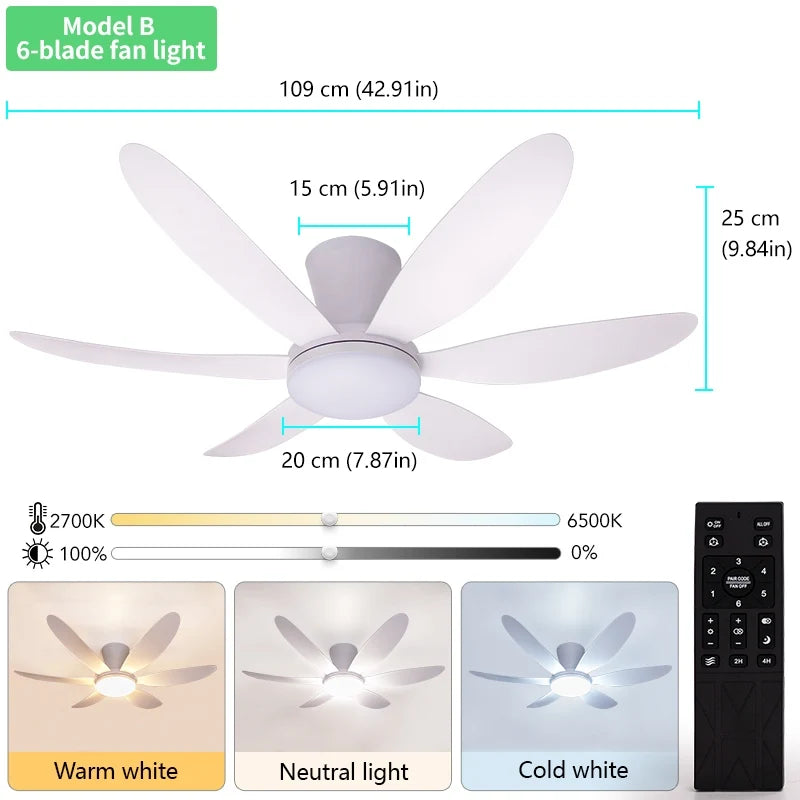 Modern Home Remodeling DC Motor Big 3/6 Blades Iron ABS 42-Inch Remote APP Control Timing Set LED Ceiling Fan with Light