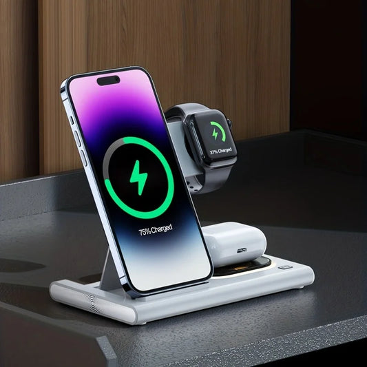 15W 3 in 1 Foldable Wireless Charger Charging Station for iPhone 15 14 13 12 11 Xr XS Max Pro Max Plus IWatch Air Pods by PDG ibma