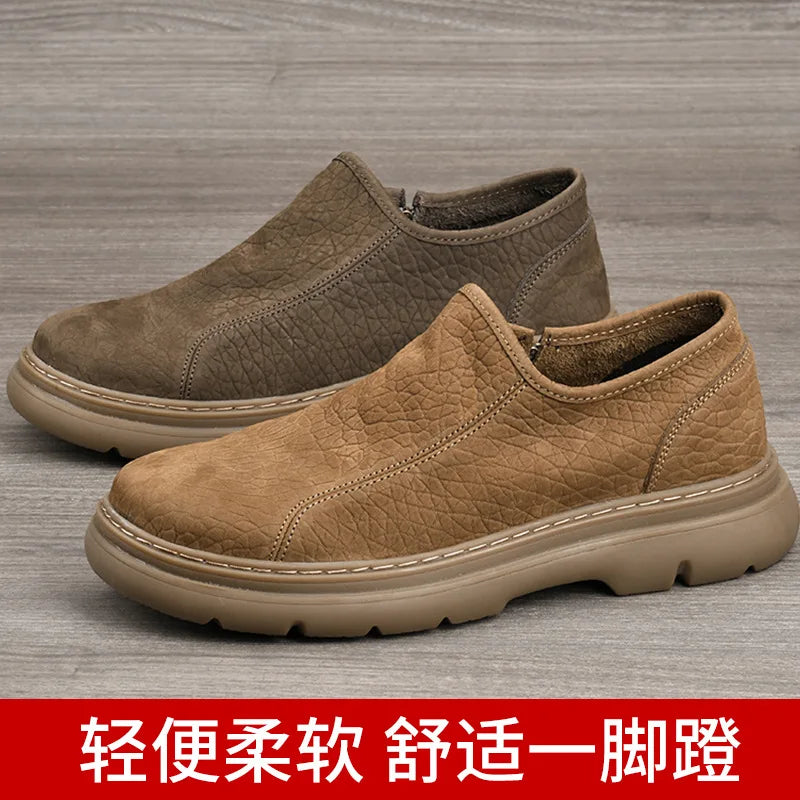 Men's Genuine Cow Leather Slip-On Toe Casual Shoes Breathable Cotton Fabric Rubber Outsole Walking Style Comfortable Lightweight
