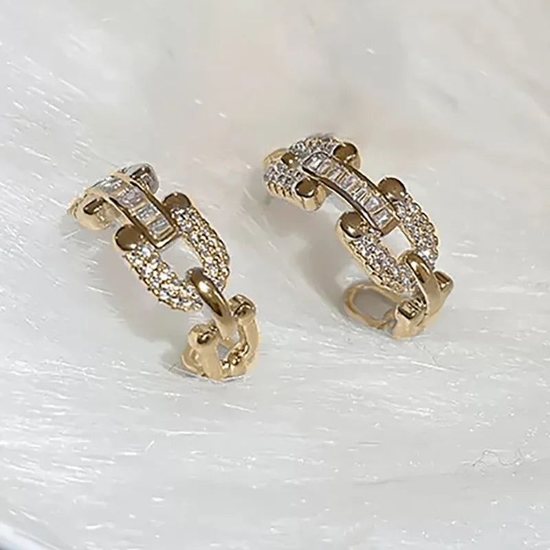 E2443 Gold Plated Huggie Earrings With Crystal Rhinestone Lock Design For Women Trendy Everyday Wear