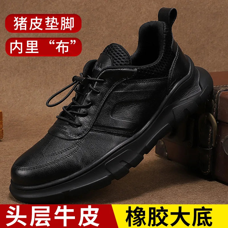 Men Leather Lace-up Casual Shoes Round Toe Breathable Mesh Lining Rubber Outsole EVA Midsole Autumn Fashion Comfortable Walking