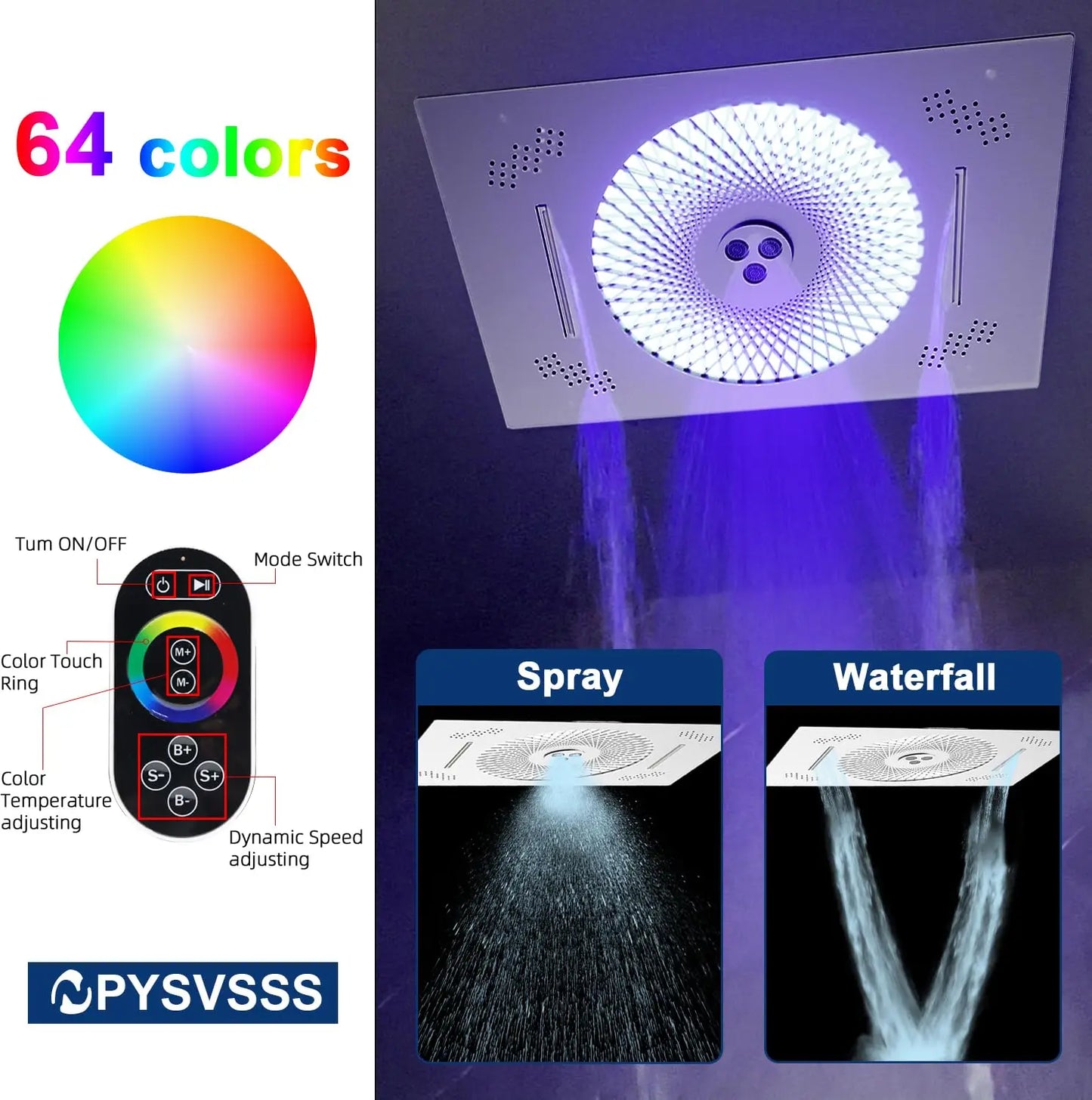 24x16 Inch Large Luxury LED Rainfall Shower Panel, Color Changing Shower Head, Wall Mount