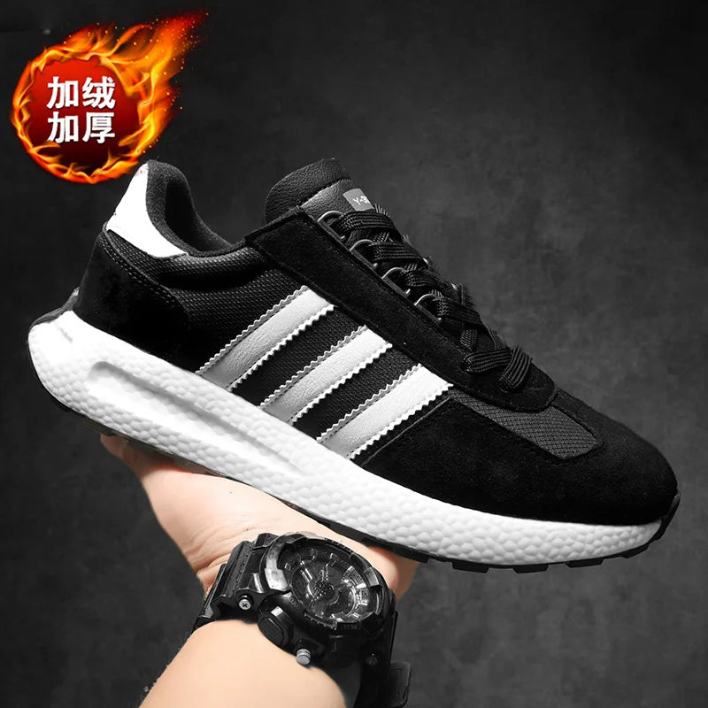Y-3K0EB Men's Winter Warm Walking Shoes Black Leather Round Toe Lace-up Insulative Rubber Outsole Plush Lining