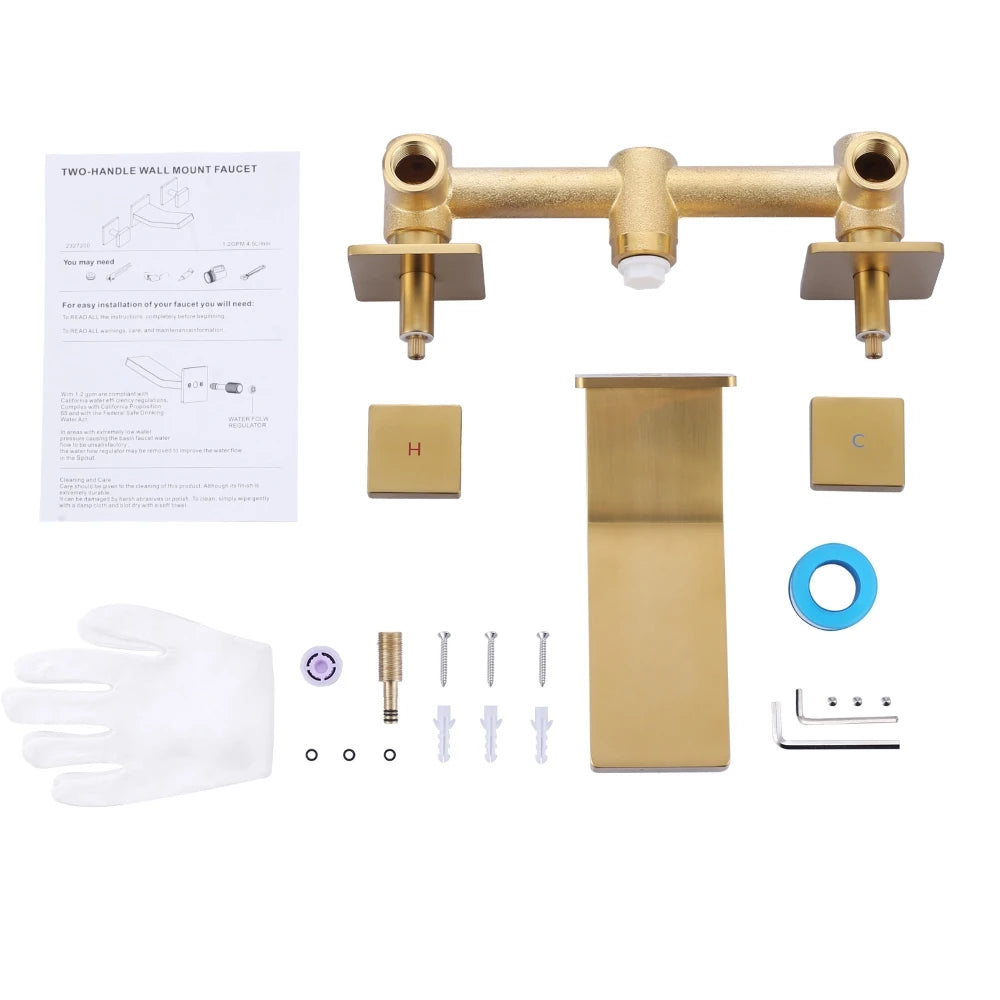 Brushed Gold Vessel Sink Faucet 2 Handles Basin Mixer Tap Rough in Valve Included, 3 Holes Bathroom Faucet Wall Mount
