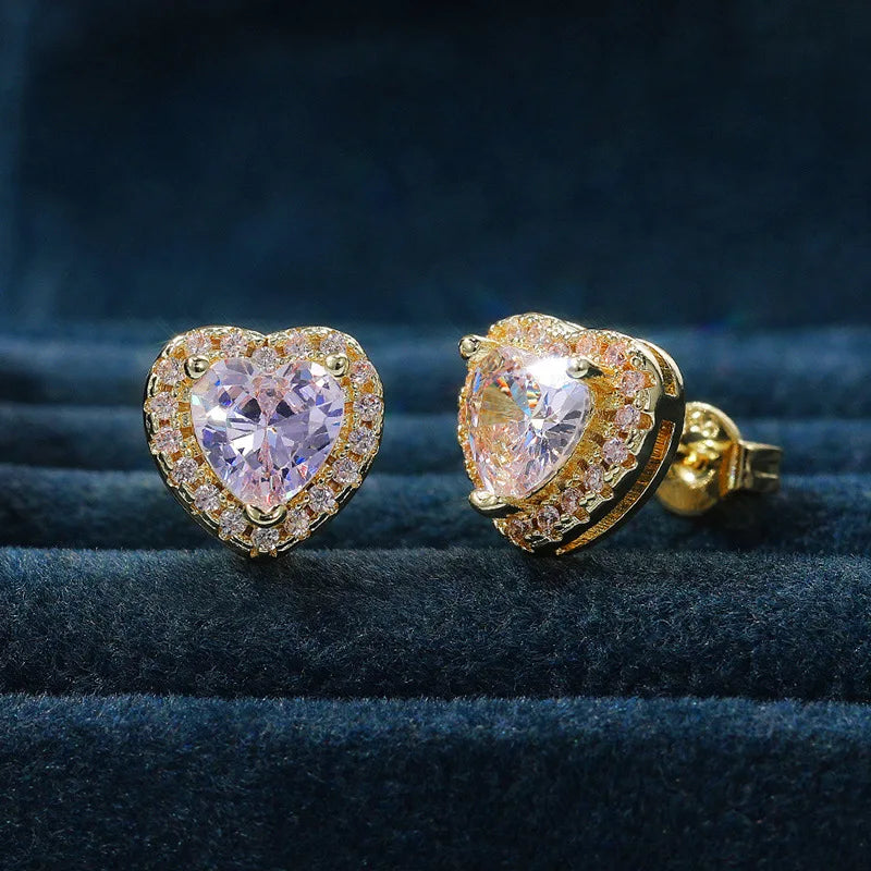 Lucky Brand Gold Heart Crystal & Rhinestone Stud Earrings 925 Silver Claw Setting Romantic Wedding Jewelry for Women