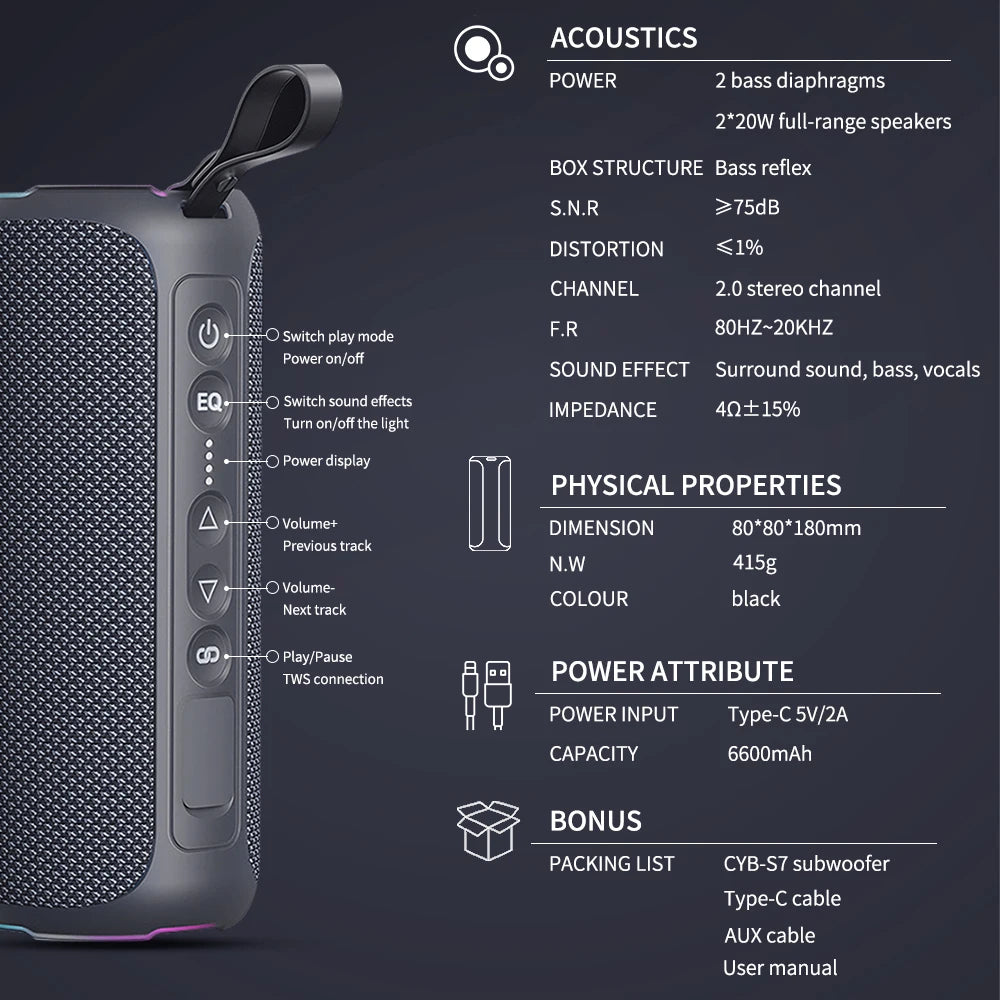 2026 New Arrivals Cyboris S7 Stereo 2.0 IPX7 Waterproof Action 40W Cylinder Super Bass Mini Wireless Speaker for Computer
