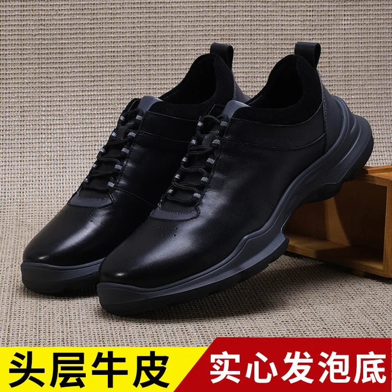 Men's Round Toe Genuine Cow Leather Lace-up Walking Shoes Lightweight Solid Color Rubber Outsole Casual Style