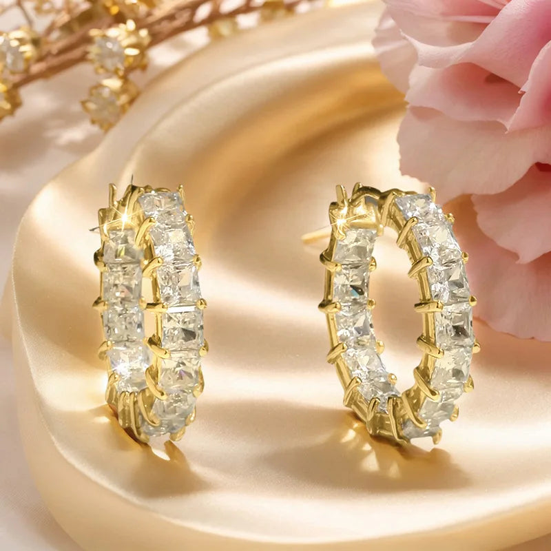 Luxury White Gold Geometric Hoop Earrings Baguette Cut Diamonds Channel Setting Inlay Technology for Women Everyday Wear Fine