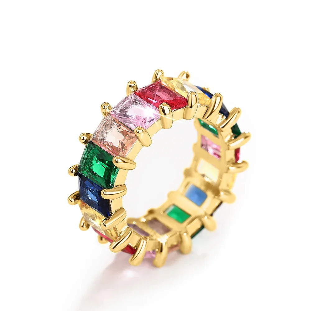 T0444 Geometric Gemstone Ring Cubic Zirconia Emerald Cut Prong Setting Unisex Party Fashion Rings