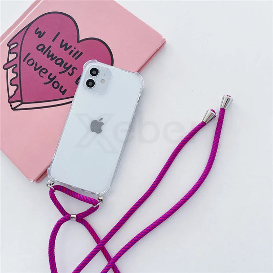 Necklace Lanyard Strap Chain Phone Case For iPhone 16 15 14 13 Pro Max 12 11 XS X XR Mini 7 8 Plus Transparent Soft Rope Cover