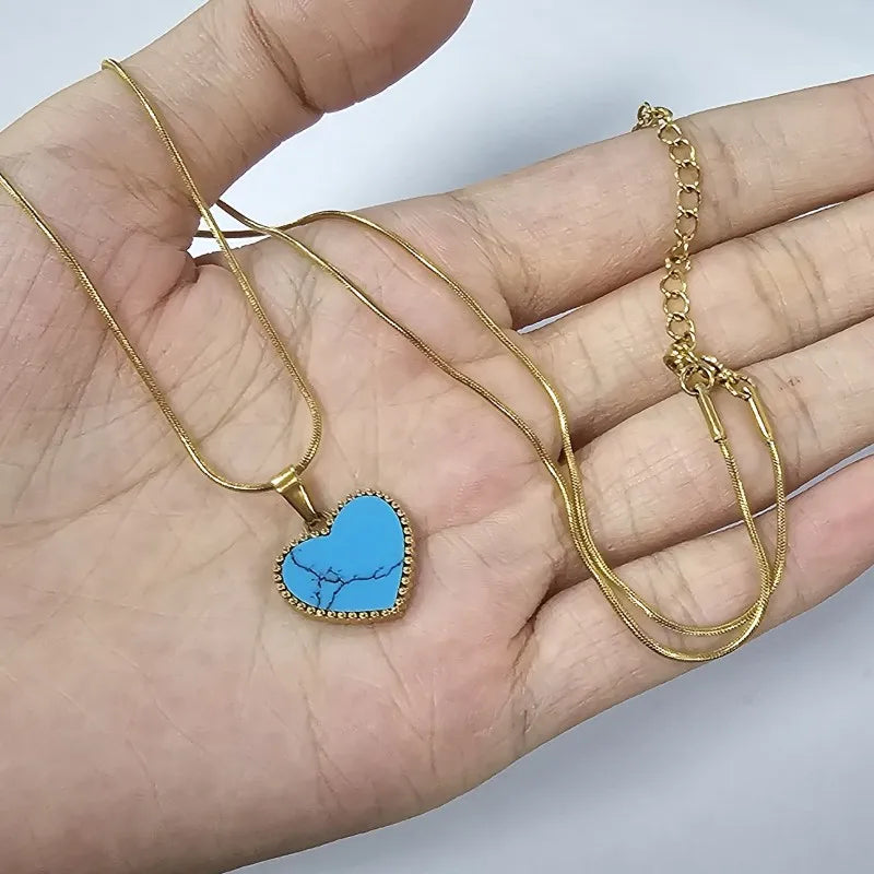 Heart Necklace for Women Synthetic Blue Turquoise Inlay Gold Color Stainless Steel Heart Pendant Necklace Gift