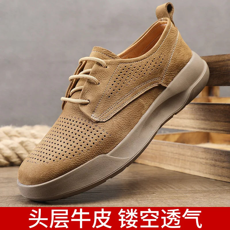 Leather Lace-up Men's Casual Shoes Round Toe Breathable EVA Sole Summer 38-44 Genuine Leather Lining