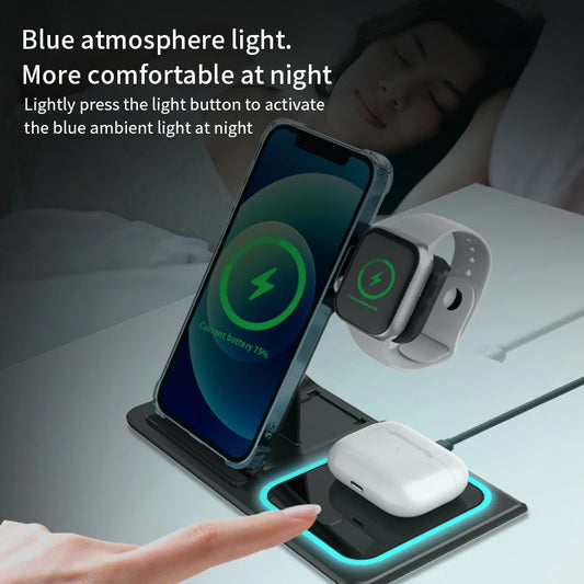 15w Fast Charging Multifunctional Chargers Station With Night Light 3 In1 Foldable Charger Mobile Phone Holder Watch Earphone by PDG ibma