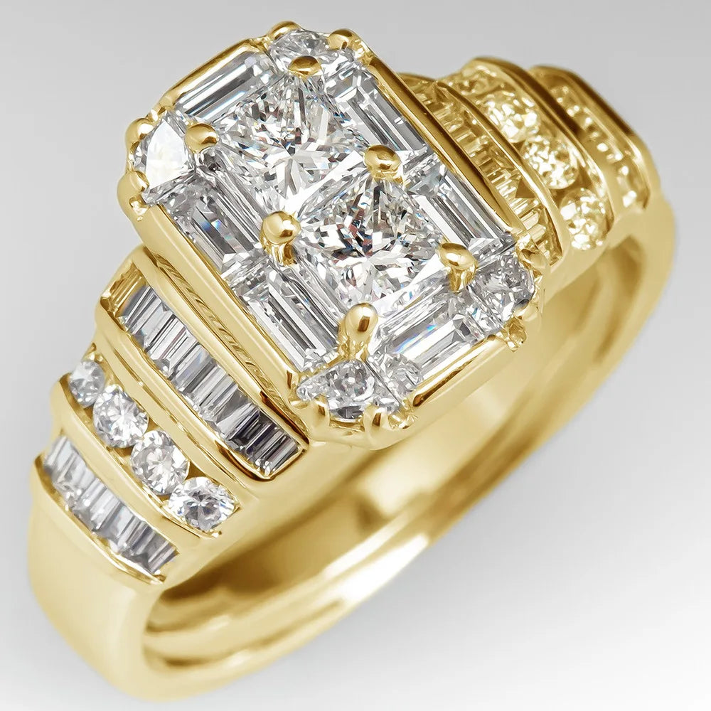 Rectangular Step Cut Womens Ring with Baguette Side Stones Elegant Fashion Jewelry