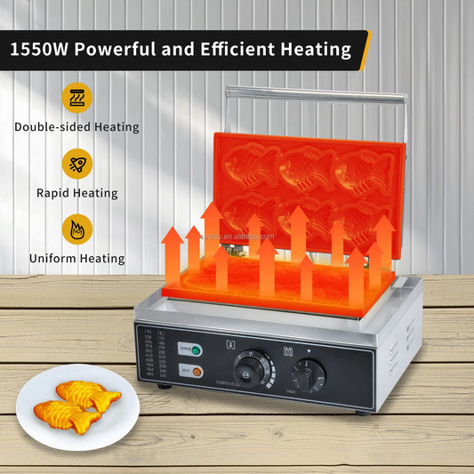 Taiyaki Electric 6 Slices Fish-Shaped Waffles 1400W Double-Sided Heating Stainless Steel Mini Waffle Machine Snack Machine