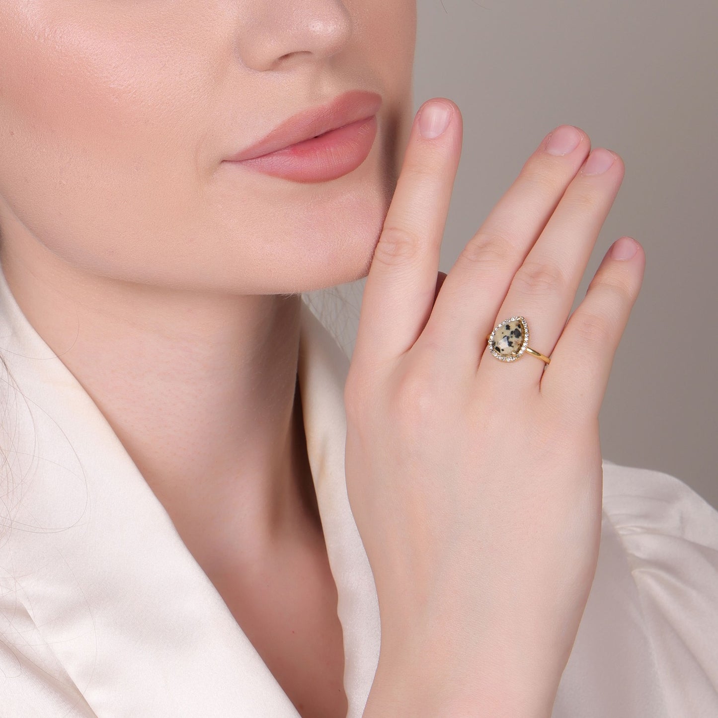 Dalmatian Jasper Gemstone Pear Bezel Set Adjustable Ring Unisex 18K Gold Plated Silver Jewelry Certified | Wedding Party |