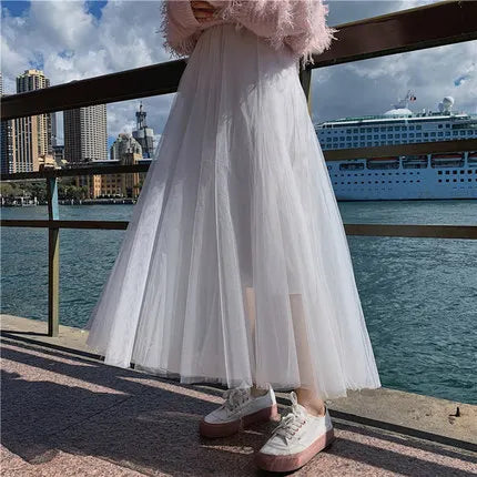 TingYiLi Elegant Tulle Skirt Autumn Winter Big Swing Women Skirt Korean Cute Pink Green Gray Blue Brown Black Long Skirt Tutu