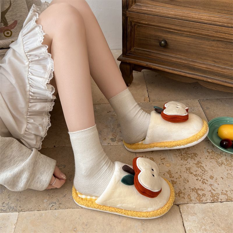 Apple Cute Closed-Toe Plush Cotton Slippers for Women, Winter 2026 New Model, Indoor Home Warm Non-Slip Odor-Resistant