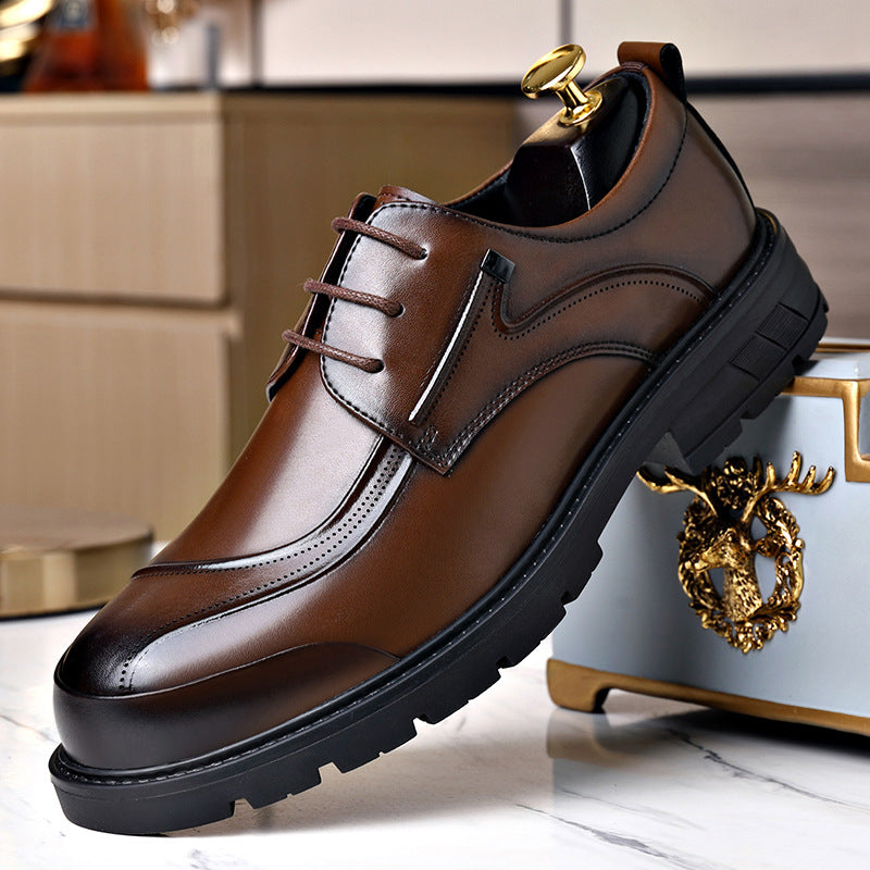 Men's Business Casual Leather Shoes with Large Toe, Thick Sole, Lace-Up, Hollow-Out Design, Fashionable British Style, Versatile Formal Men's Shoes, Breathable