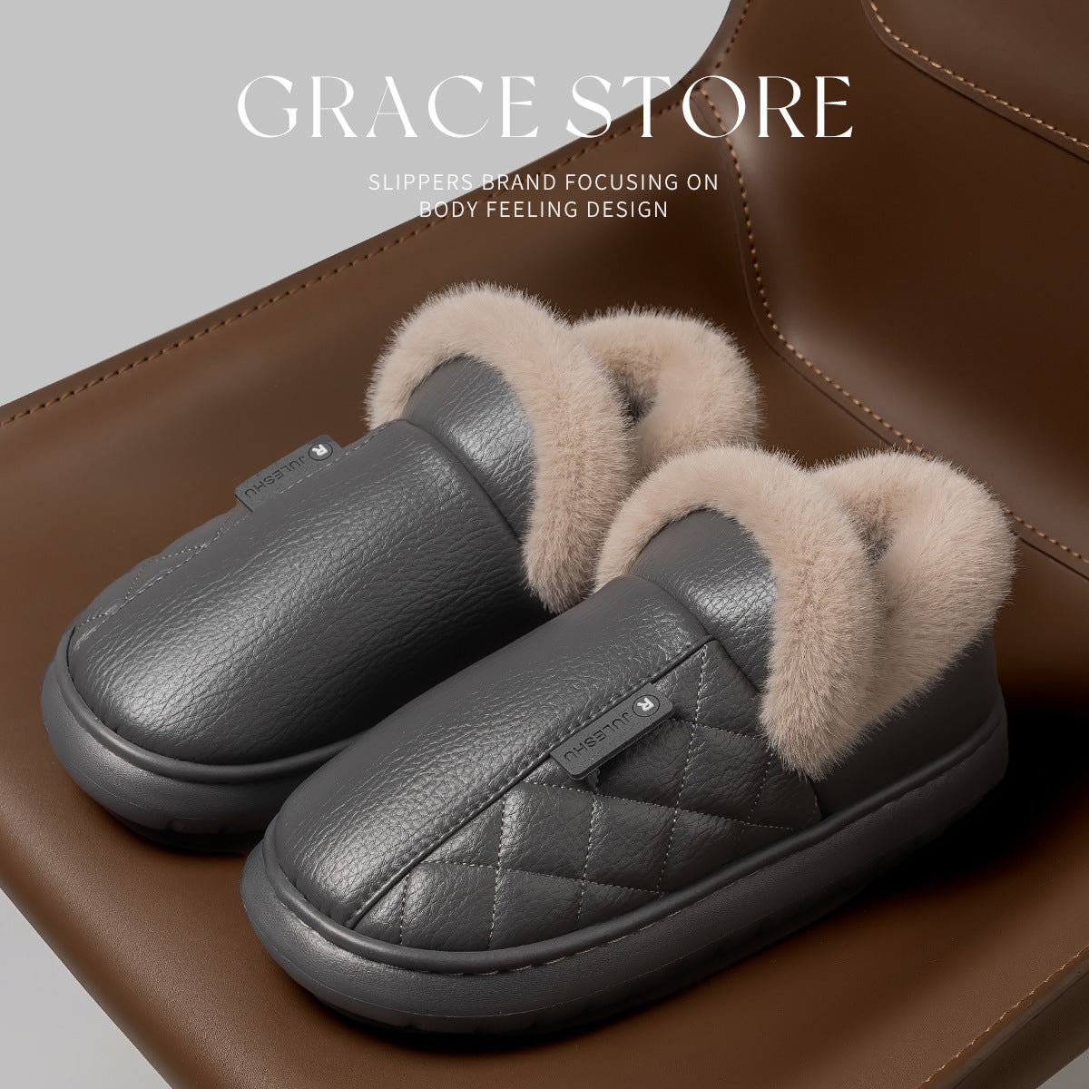 Waterproof Cotton Slippers for Women, Autumn and Winter 2026 New Model, Home Warm Indoor Shoes with Thick Soles, Non-Slip Leather Surface Cotton Shoes for Elderly Men