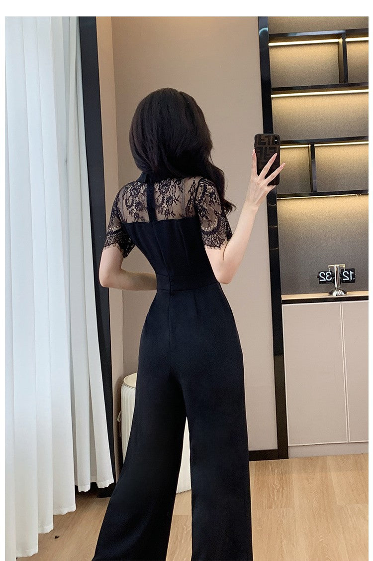 Cross-border High Leng Yujie Style Pants Women's Summer Short-sleeved High Waist Lace Stitching Hollow-out Pants Straight Pants