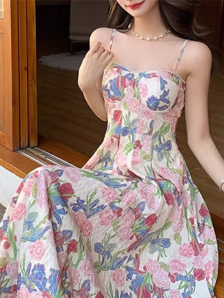 2024 New retro floral strap dress women's summer fairy beach dress high-grade mid-length dress elegant all-match by PDG ibma