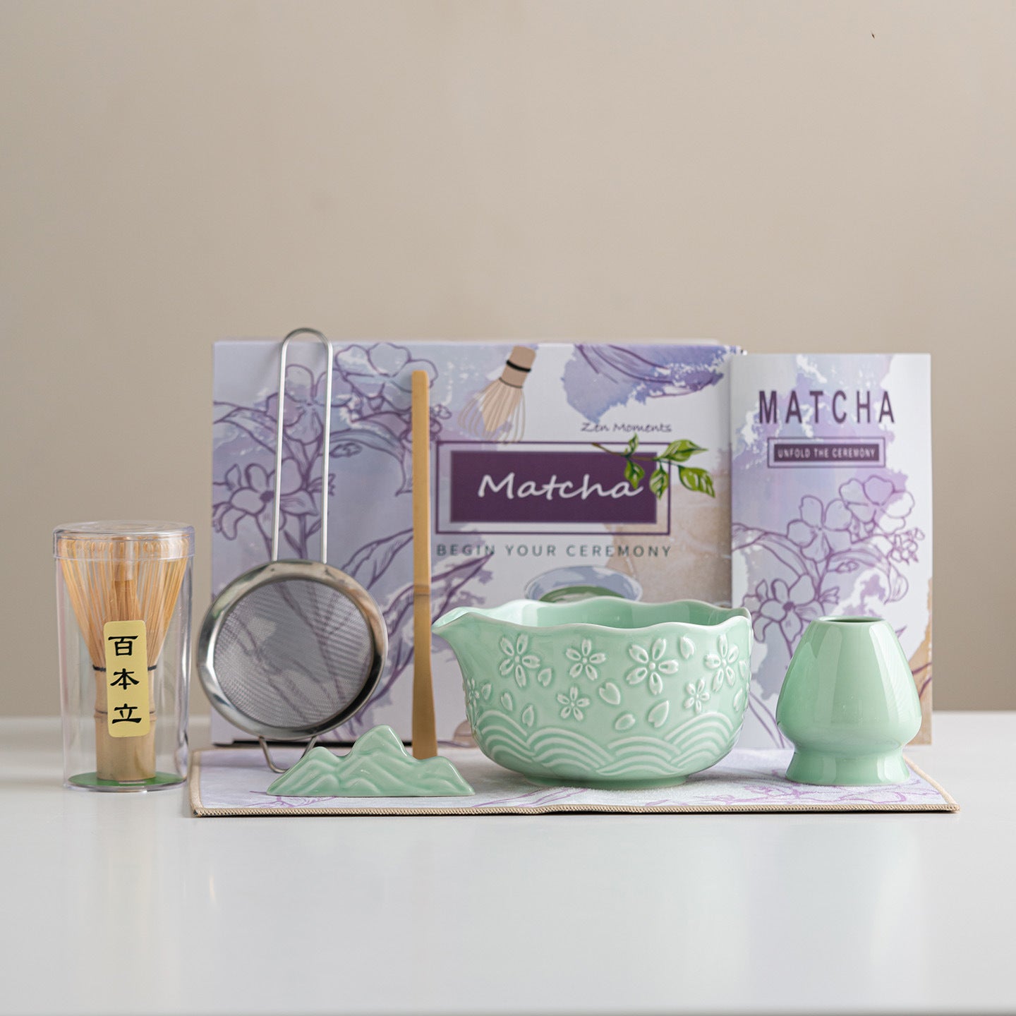 Directly Supplied from the Manufacturer, Exclusively for Cross-Border Trade, Ceramic Matcha Bowl Set with Embossed Cherry Blossom Design, 7-Piece Set with Spout, High Aesthetic Value, Color Box Packaging