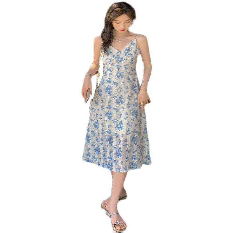 2025 Summer Women's Floral Dress Short Tall French Style V-Neck Strap Casual Dress