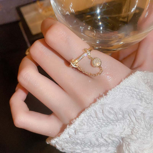 Zircon Diamond Round Chain Tassel Real Gold-plated Ring Niche Light Luxury High-end All-match Open Finger Ring by PDG ibma