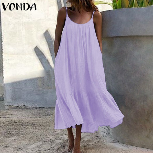 2024 Summer European and American New Ruffled Solid Color Long Dress Sleeveless Loose Thin Shoulder Strap Dress Summer dress by PDG ibma