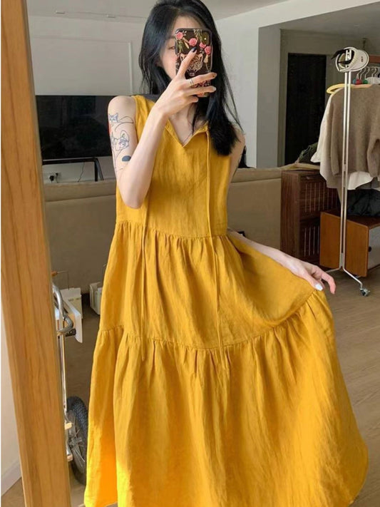 Summer New Cotton and Linen Ins Gentle Solid Color Sleeveless dress French Loose Strap Slimming Holiday Style Long Dress by PDG ibma