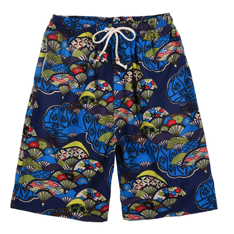 Summer new cotton and linen printed five-point men's beach pants casual sports loose plus size shorts men's thin fashion
