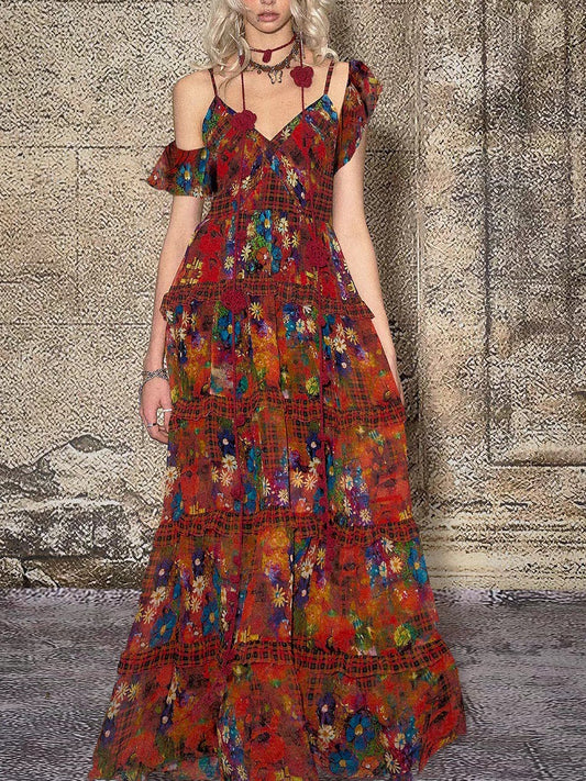 TheNeverMo Fireworks Burning Spring French Retro V-neck Strap Floral Long Dress for Holiday dress Summer by PDG ibma