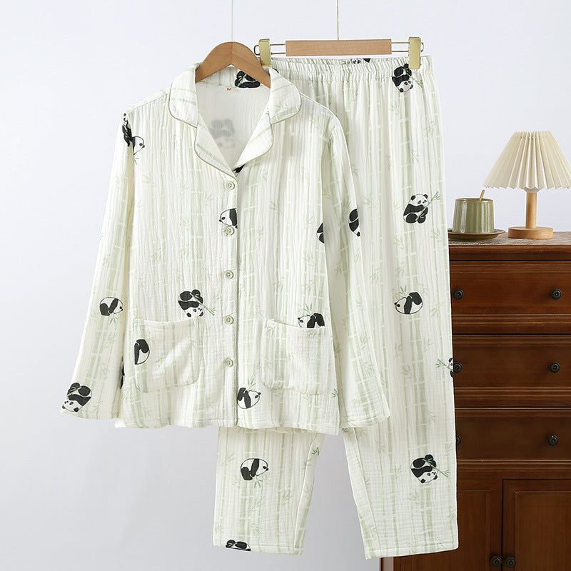 New Cotton Thickened Edge Four-Layer Gauze Women's Pajamas Cotton Warm Long-Sleeved Home Clothes for Autumn and Winter suit
