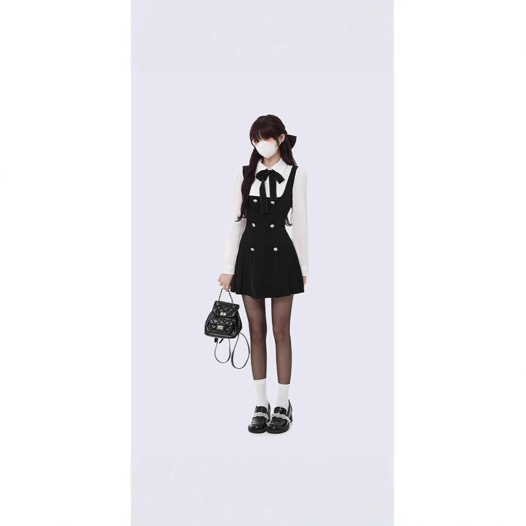 French dress Autumn Fake Two-piece Long-sleeved Slim 2025 New College Style Bow Fake Two-piece dress