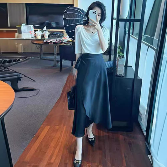 2024 Summer New Fashion Elegant All-match Slim Shoulder Half-sleeve T-shirt Draped Double Split Umbrella Skirt Two-piece Set by PDG ibma